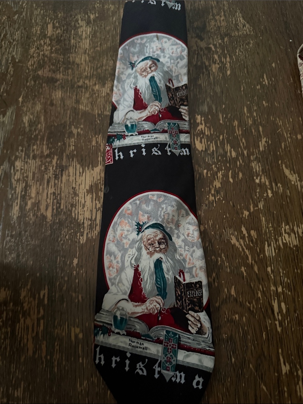Norman Rockwell Black Novelty Santa Christmas Tie with Red and Teal Accents